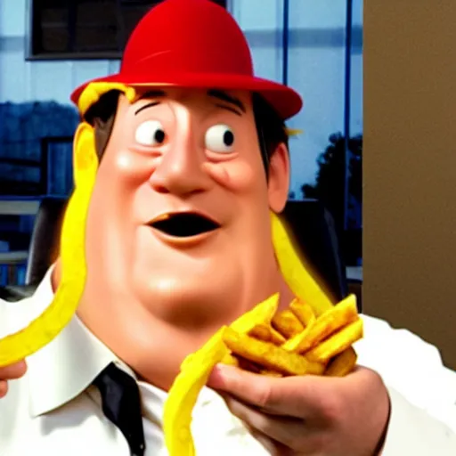 Image similar to photo of [ a single french fry chip ] shaped into stephen fry as a pixar character hybrid intercross mix cinematic lighting