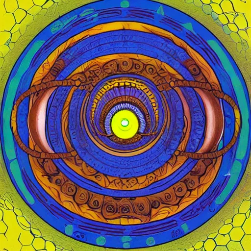 Image similar to an illustration of a giant eye surrounded by many strange things, a comic book panel by leo and diane dillon, behance, psychedelic art, salvia, tesseract, lovecraftian, cosmic horror