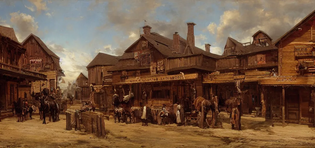 Prompt: painting of a western saloon exterior in old town, andreas achenbach, cinematic wide shot