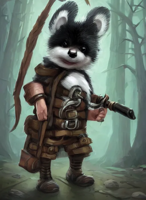 Image similar to cute little anthropomorphic skunk hunter wearing bindrain (eyepatch), tiny, small, miniature animal, baby animal, short, pale black armor, cute and adorable, pretty, beautiful, DnD character art portrait, matte fantasy painting, DeviantArt Artstation, by Jason Felix by Steve Argyle by Tyler Jacobson by Peter Mohrbacher, cinematic lighting