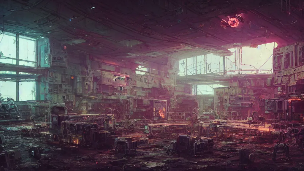 Image similar to abandoned old and rusted desolate sci fi lab, Interior of a space station cluttered with electronics, Wadim Kashin, Simon Stalenhag, XF IQ4, f/1.4, ISO 200, 1/160s, 8K, RAW, featured in artstation, octane render, cinematic, elegant, intricate, 8k