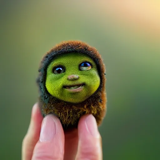 Image similar to a highly detailed painting of a tiny cute mossy forest creature by bobby chiu, big amber eyes, smiling, at sunset, macro photography, goro fujita