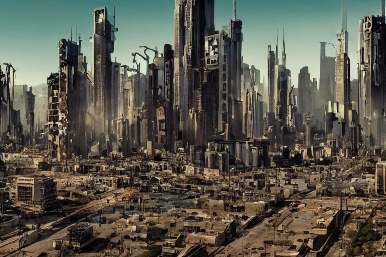 Image similar to sprawling cramped dystopian cityscape in a quentin tarantino movie, 4 k arri alfa anamorphic lens 3 5 mm film wide shot still