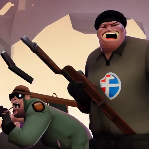 Image similar to Team Fortress 2 screenshot with Heavy eating Scout while Medic laughs