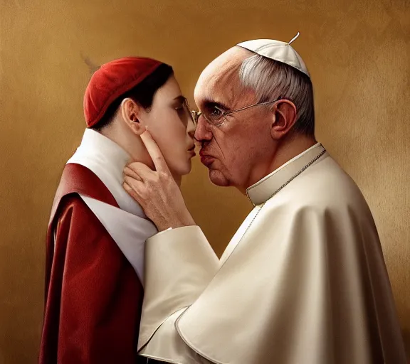 Prompt: photography of a pope kissing a sensual woman in a bedroom, deep focus, elegant, highly detailed, digital painting, artstation, concept art, matte, sharp focus, illustration, art by artgerm and greg rutkowski and alphonse mucha