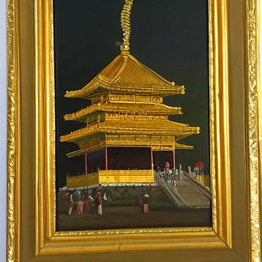 Image similar to dutch master style oil painting of the golden pavilion, high art