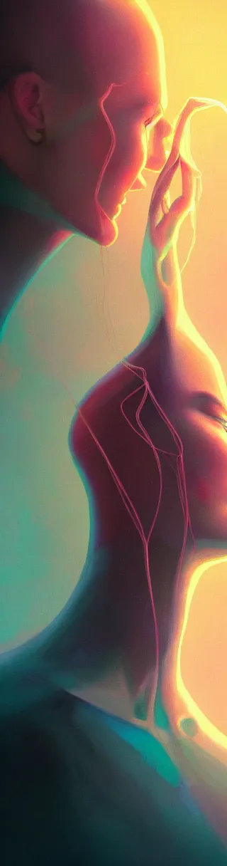 Prompt: a post - minimalism portrait of a magical triangle glass very stretched long noodly head, extremely long forehead being sucked into single point in infinity, vibrant color scheme, highly detailed, in the style of romanticism, cinematic, artstation, moebius, greg rutkowski