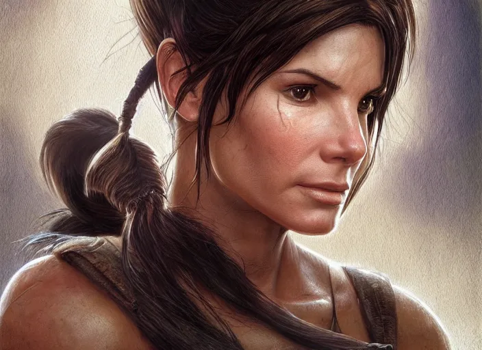 Image similar to face portrait of concentrated young Sandra Bullock as Lara Croft with pig-tails entering an incredible epic ruin, glorious sun beams, intricate, elegant, highly detailed, digital painting, short focus, illustration, Allan Lee, John Howe