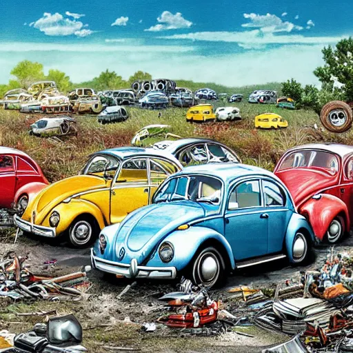 Image similar to highly detailed illustration of a bunch of volkswagen beetles and the british group the beatles battling on a junkyard battleground, color restoration