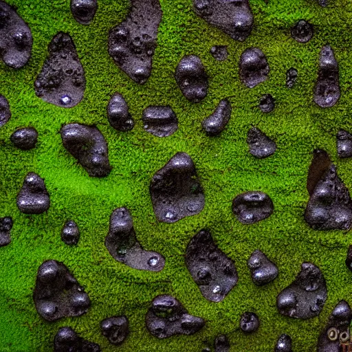 Prompt: rock wall covered with moss. dew droplets forming the shape of a dachshund. macro photography