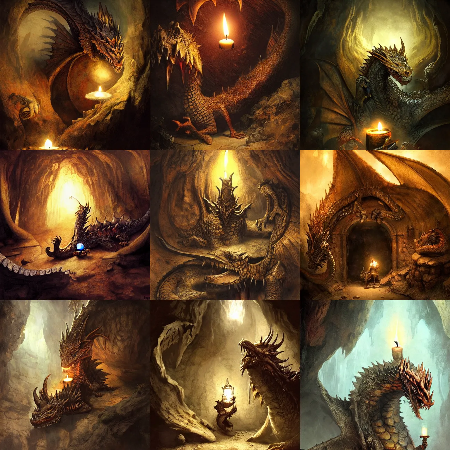 Prompt: a dragon is guarding a treasure cave, legendary, old paper, gritty, realistic, candle light, fantasy concept art by Rembrandt and Da Vinci, Tolkien and michael komarck