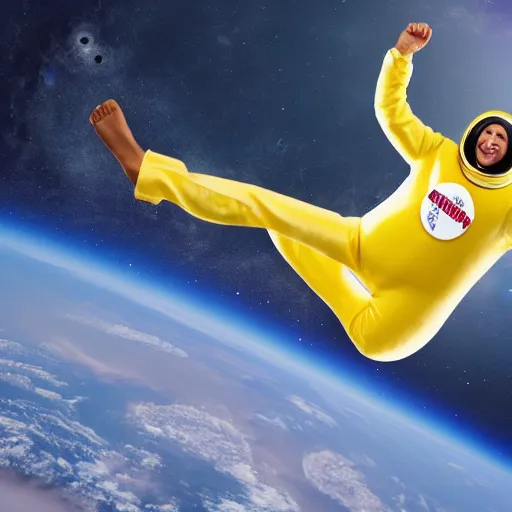 Prompt: man floating in space wearing a banana costume