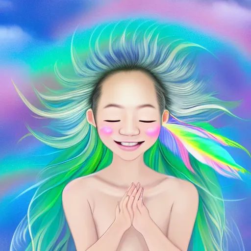 Image similar to A realistic centered portrait of a happy smiling ethereal asian sylph with a wide smile, ethereal vaporous tan skin, azure eyes and eyelashes, ethereal iridescent locks of hairs flying in the breeze and adorned with rainbow feathers, iridescent ethereal veils, flying high in the clouds::sunny weather, sss, translucency, light blue freckles and blemishes, long exposure, hologram, trending on artstation, soft natural lighting and shadows, VFX, CG