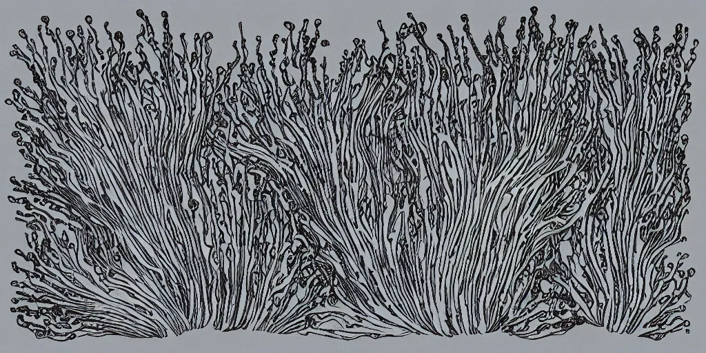 Image similar to bladder wrack and dulse seaweed, decorative design against a grey background, done in Japanese ink style