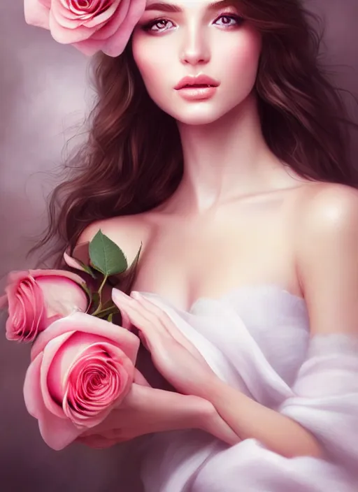 Image similar to a gorgeous female photo, professionally retouched, soft lighting, holding a bouquet of roses, realistic, smooth face, perfect eyes, wide angle, sharp focus on eyes, 8 k high definition, insanely detailed, intricate, elegant, art by artgerm and wlop