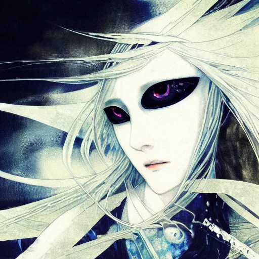 Image similar to Yoshitaka Amano blurred and dreamy illustration of an anime girl with pirate eye patch, wavy white hair and cracks on her face wearing Elden ring armour with the cape fluttering in the wind, abstract black and white patterns on the background, noisy film grain effect, highly detailed, Renaissance oil painting, weird portrait angle