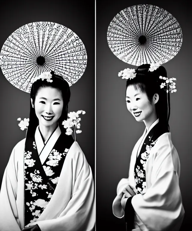 Prompt: a grainy black and white film photograph shot on kodak 4 0 0 tx, portrait of one!! beautiful japanese woman wearing a traditional kimono with a very ornate pattern of cranes and flowers, she smiles, her hair is tied above her head, the scene is shot on a canon 8 5 mm f / 1. 4 in a studio setting with dramatic and cinematic lighting