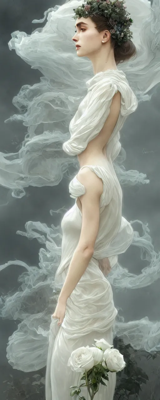 Image similar to woman dressed in a vaporous wrapped large victorian white roses semi -transparent silk dress fashion, D&D, fantasy, intricate, elegant, highly detailed, digital painting, artstation, concept art, matte, sharp focus, illustration, art by Artgerm and Greg Rutkowski and Alphonse Mucha