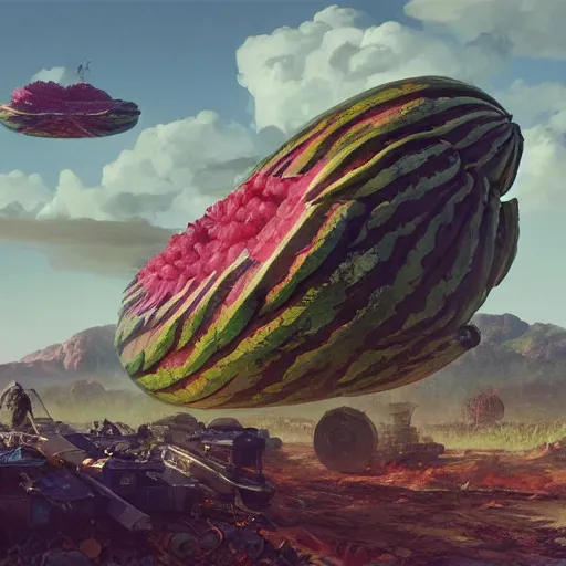 Prompt: Concept Digital Art Highly detailed Giant Watermelon war machine protecting Beautiful Ukrainian village by Taras Shevchenko By Stephen Hickman and Beeple. Very highly detailed 8K,Pentax 67, Kodak Portra 400 in style of Hiromasa Ogura Ghost in the Shell, the golden ratio, rational painting