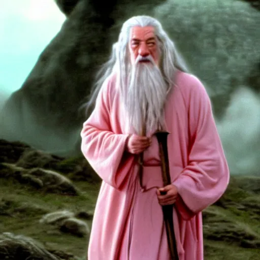Image similar to gandalf wearing light pink robes, wearing a pink bow in his hair, movie still from the lord of the rings