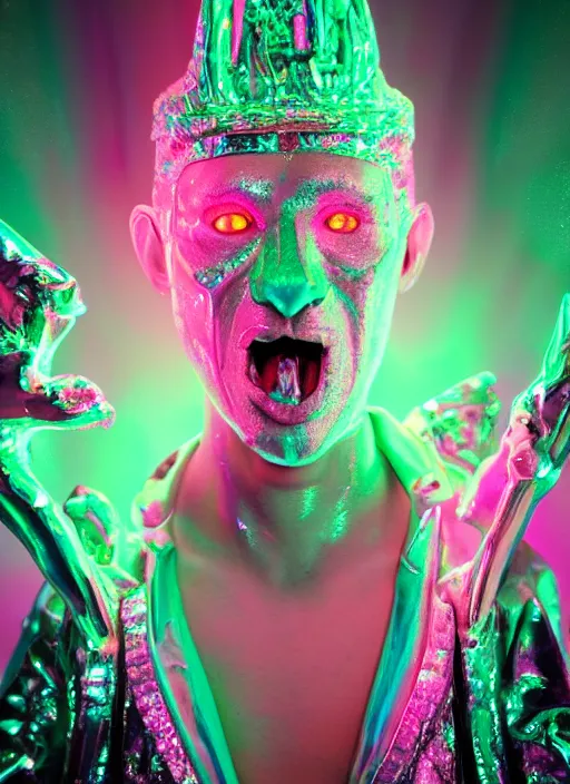 Prompt: photo of baroque and bladerunner delicate neon diamond sculpture of ceramic seductive albino prince diego villarreal rock and roll sticking tongue out, creamy pink iridescent humanoid deity wearing tiger fur hoody holding diamond skull in a green metallic dungeon, reclining, glowing rainbow face, crown of white diamonds, cinematic lighting, photorealistic, octane render 8 k depth of field 3 d