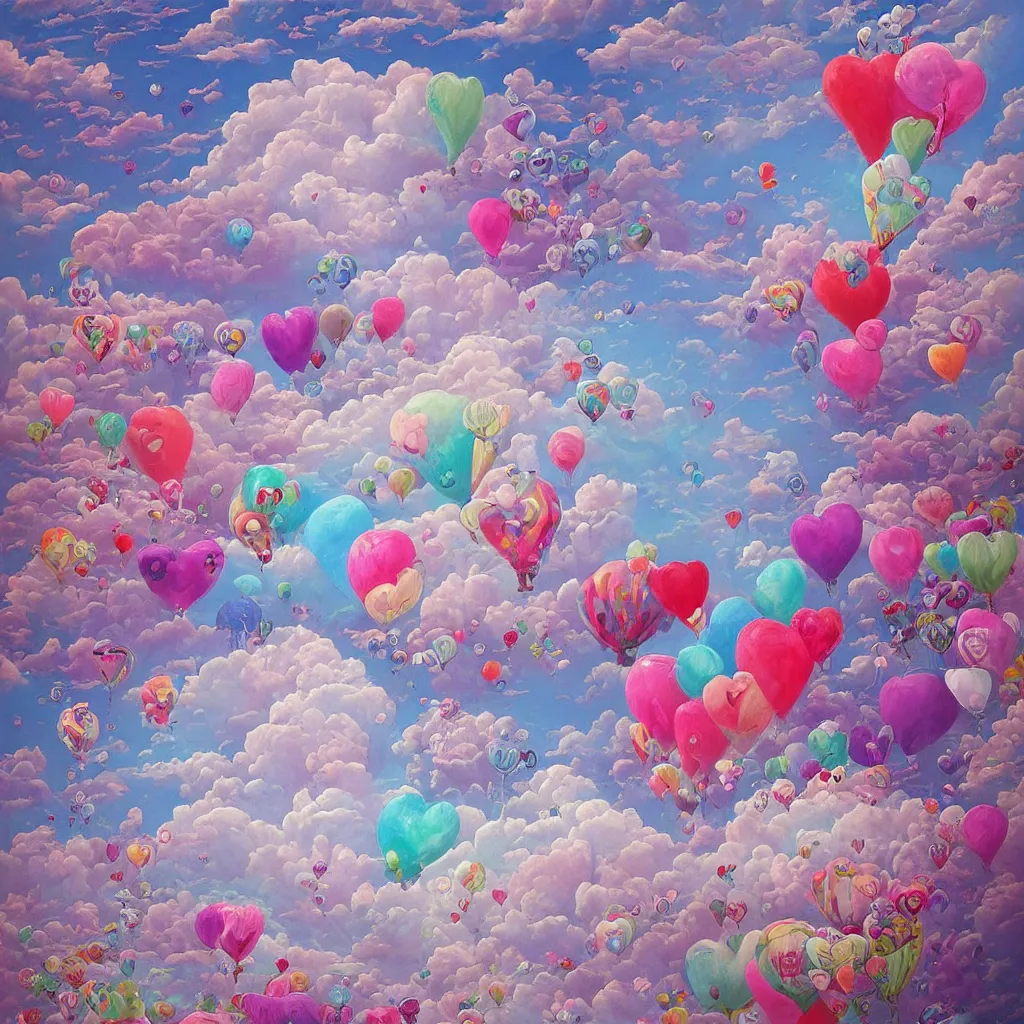 Prompt: hyperdetailed painting that is beautiful and whimsical with cotton candy clouds and balloon hearts and flowers inside