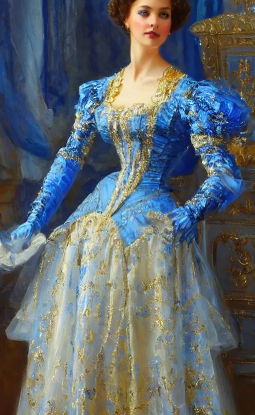 Prompt: Elegant laydy in blue robotic victorian dress with gold ornaments. By Konstantin Razumov, highly detailded