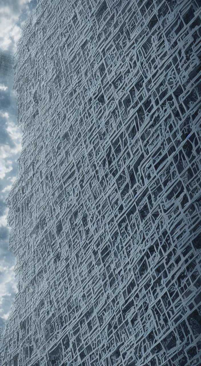 Prompt: intricate fractal patterned building facade using glass and concrete with cloudy dramatic sky and grassy meadow, hyperrealism, 4 k octane render, photorealistic concept art, highly detailed