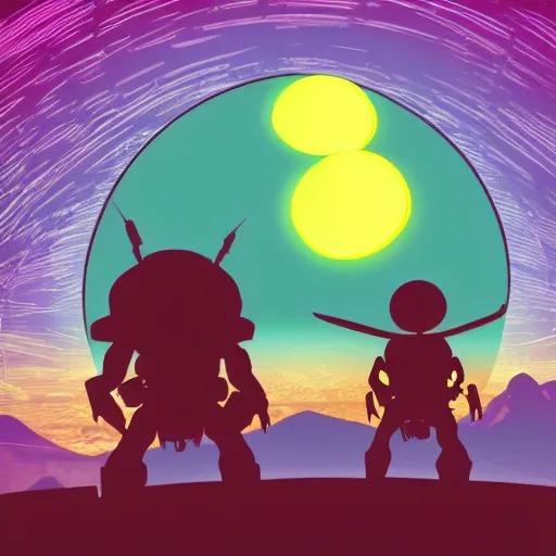 Prompt: Two aliens engaged in battle on a mountaintop, in front of a giant sunset with two suns, cool neon colors, cell shaded