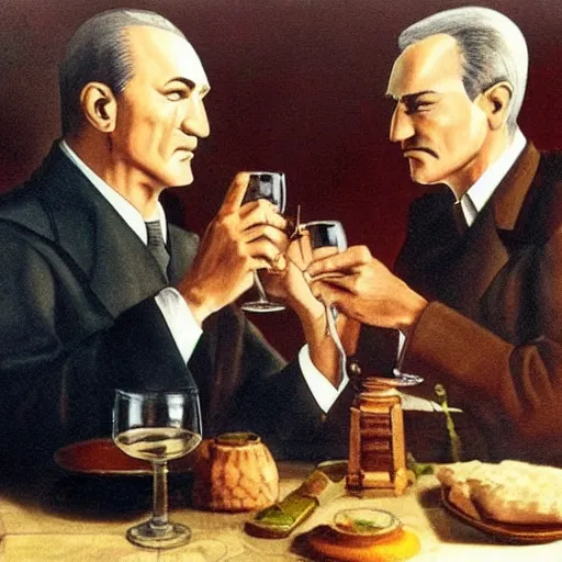 Prompt: ataturk drinking wine with jesus christ realistic