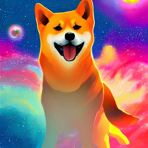 Prompt: A happy and excited cosmic shiba inu drifting through a colorful and vibrant galaxy, digital art, digital painting, matte painting, award-winning art, trending on artstation, 4k