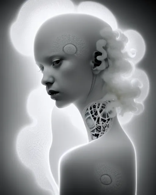 Image similar to dreamy foggy soft luminous bw art photo taken in 2 1 0 0, beautiful spiritual angelic biomechanical mandelbrot fractal albino girl cyborg with a porcelain profile face, very long neck, halo, white smoke atmosphere, rim light, big leaves and stems, fine foliage lace, alexander mcqueen, art nouveau fashion pearl embroidered collar, steampunk, elegant