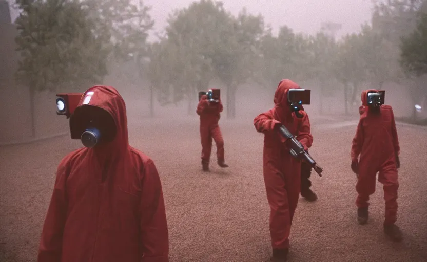 Prompt: cinestill 5 0 d photographic portrait by helen levitt of dark red hazmat scientists with guns walking through a brutalist hedge maze, extreme closeup, cinematic, modern cyberpunk, dust storm, 8 k, hd, high resolution, 3 5 mm, f / 3 2, tenet