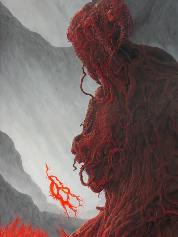 Prompt: wayne barlowe painting of a flying sorrowful looking severed human head, floating head with tears running down it's eyes, face that is chalk white in color, with long white tentacles stemming from it's neck, fiery scorching red eyes, background sprawling terrifying hellish cave with lava flowing through it's walls, 4 k