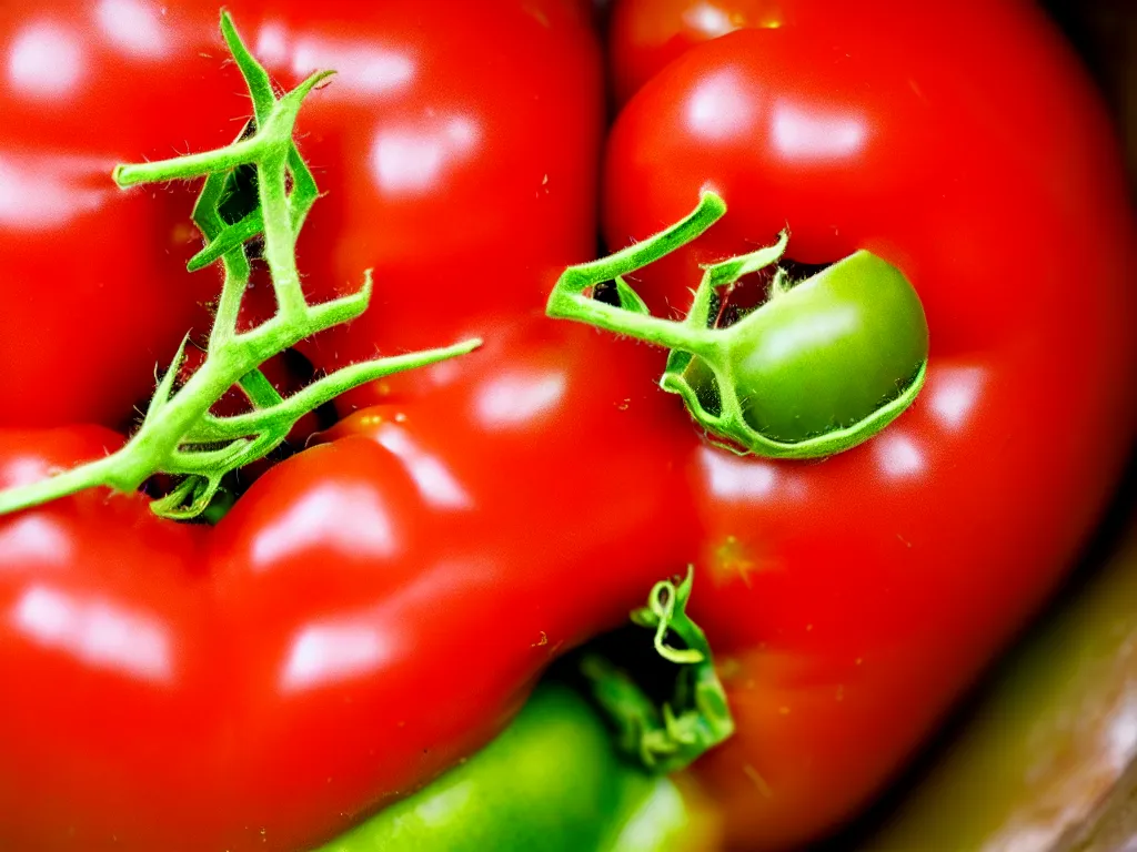 Image similar to a perfect portrait of a cross section of a tomato with tiny humans burrowing wormlike through its juicy interior. macro extreme, eye popping wet colours.