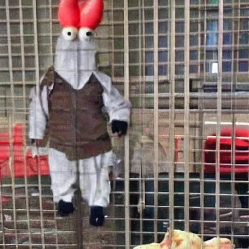 Image similar to chicken with clothes as an inmate