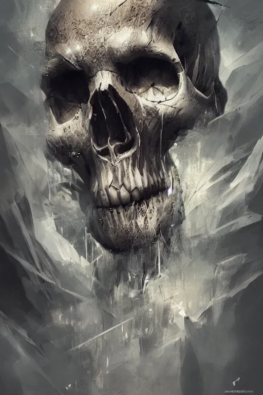 Image similar to concept art skull, brushstroke, close - up portrait, powerfull, intricate, elegant, volumetric lighting, scenery, digital painting, highly detailed, artstation, sharp focus, illustration, concept art, ruan jia, steve mccurry