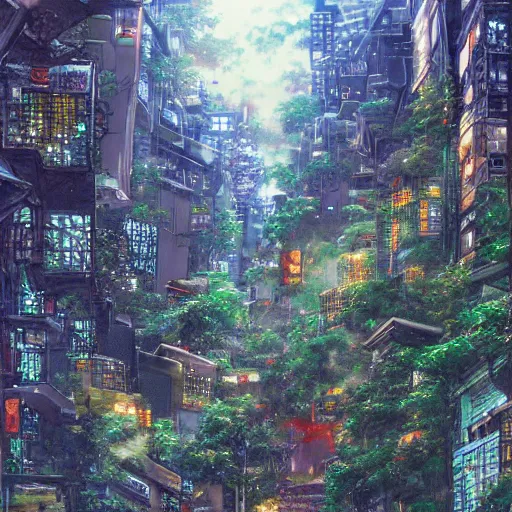 Prompt: city mixed with a magical forest, anime, by katsuhiro otomo, highly detailed, artstation, high resolution