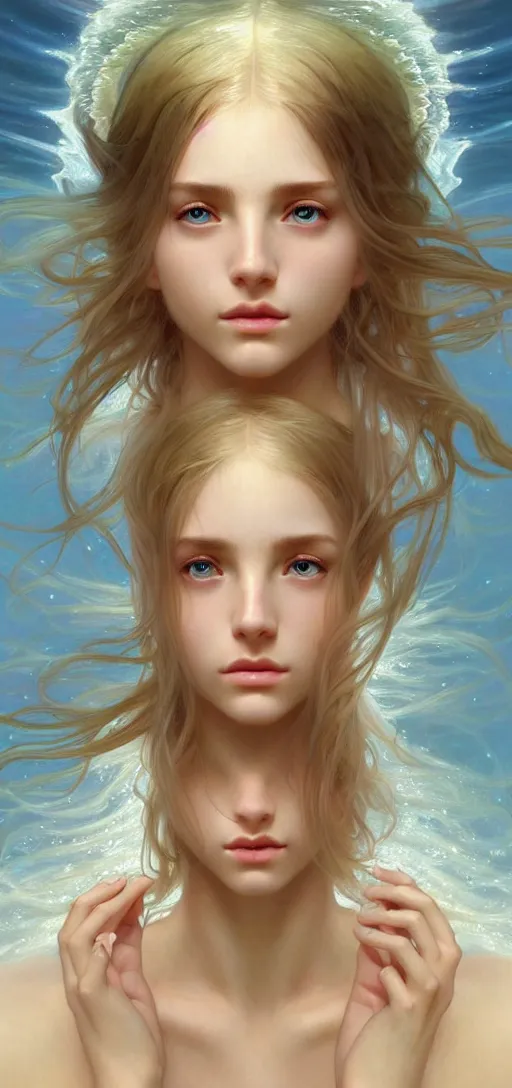 Image similar to perfect feminine face meditation!! murky underwater atmosphere, wind blowing, full body portrait of young fairy goddess blessed by nature, physical mental perfection, blonde, symmetrical! intricate, sensual, highly detailed, biblical divine holy perfection!! digital painting, artstation, concept art, smooth, sharp focus, by artgerm and greg rutkowski and alphonse mucha