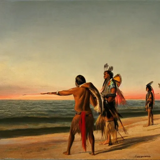 Prompt: native american man on the beach stares at a fleet of european ships in the distance at sunset painting