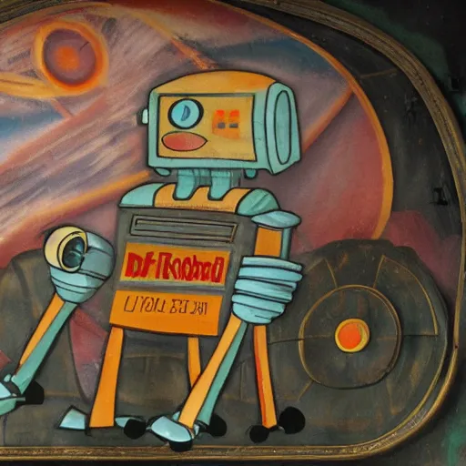 Prompt: fresco of a robot driving a car