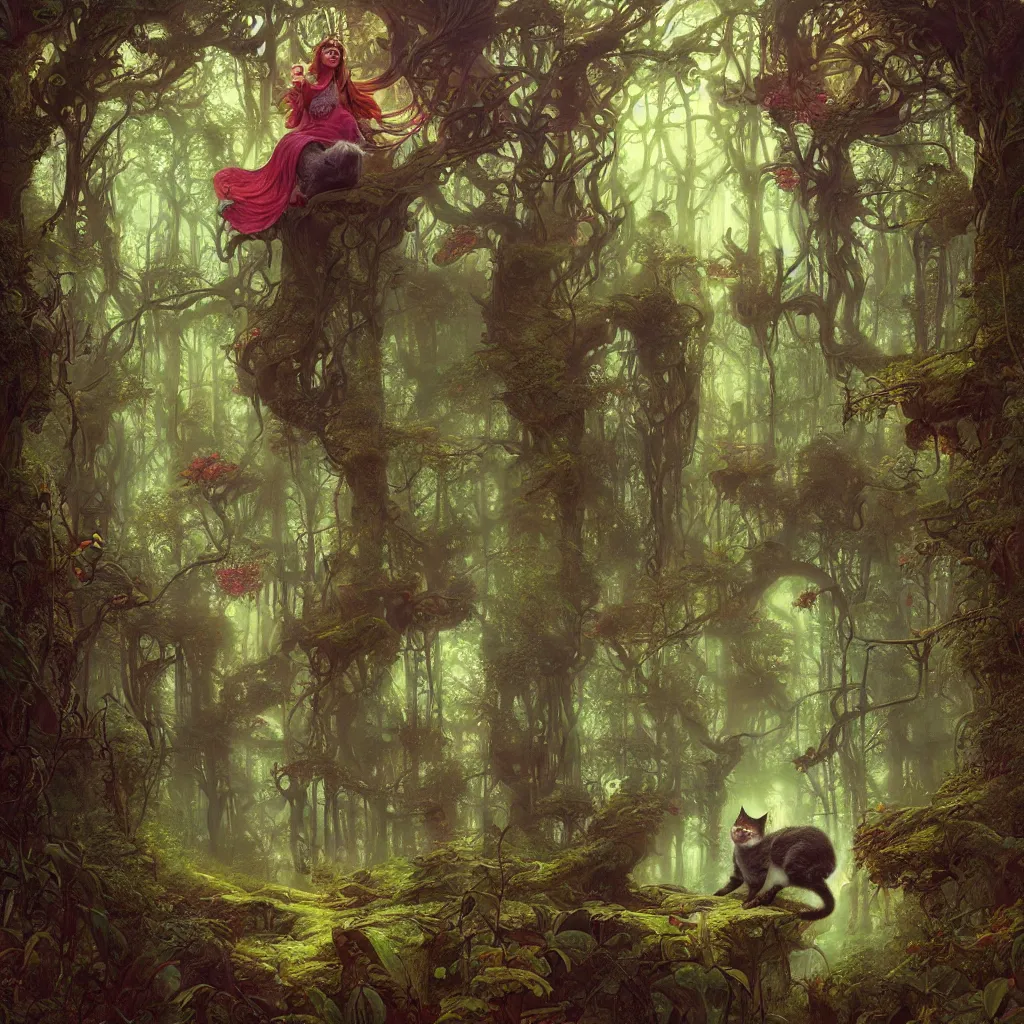 Image similar to a grinning trippy cat, center focused, matte painting, lush fairy forest, neon, concept art, schematics, gnarly details painted by tom bagshaw, norman rockwell, mucha, james gurney, high detail, denoised, sharp, architectural