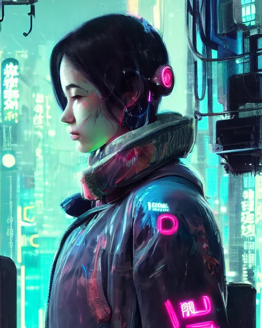 Image similar to detailed side profile portrait Neon Operator Girl, cyberpunk futuristic neon, reflective puffy coat, decorated with traditional Japanese ornaments by Ismail inceoglu dragan bibin hans thoma greg rutkowski Alexandros Pyromallis Nekro Rene Maritte Illustrated, Perfect face, fine details, realistic shaded, fine-face, pretty face