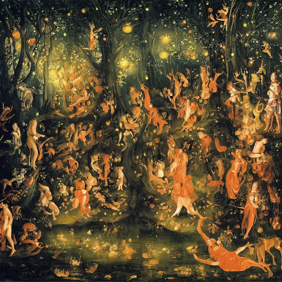 Image similar to renaissance painting of a night carnival around a magical tree cavity, with a surreal orange moonlight and fireworks in the background, next to a lake with iridiscent water, christmas lights, folklore animals and people disguised as fantastic creatures in a magical forest by summer night, masterpiece painted by coby whitmore, scene by night, dark night environment, refraction lights, glares