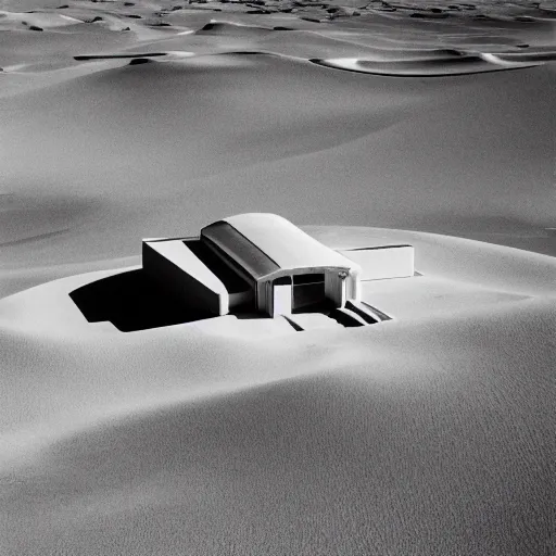 Prompt: A house designed by Miles Van Der Rohe in the middle of the Sahara desert. Aerial View. Film Grain, colorized.