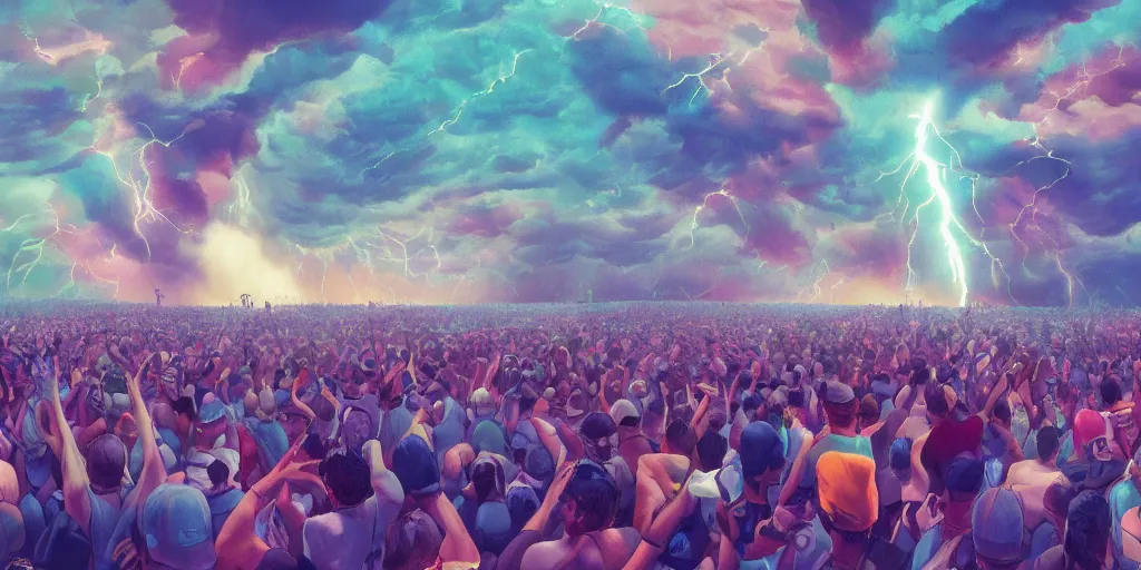 Prompt: Lightning strikes while rapper leaning over huge crowd reaching up to him, digital art, vapor wave, hip hop, surreal, trending on Artstation, professional artist, detailed, 4k