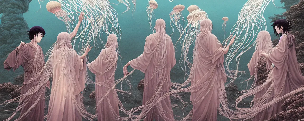 Prompt: A painting of priestesses worshipping at the jellyfish temple, shrouded in mist, jellyfish god, 8K, illustration, by Takato Yamamoto and by Stéphane Roux and artgerm and Makoto Shinkai and Mohiro Kitoh, smoke, cinematic, insanely detailed and intricate, hypermaximalist, elegant, super detailed, award-winning, mauve and cyan, mysterious, ancient, ritual, ethereal, trending in cgsociety, artstation HQ, ornate, elite, haunting, matte painting, beautiful detailed, insanely intricate details, artstation trending, octane render