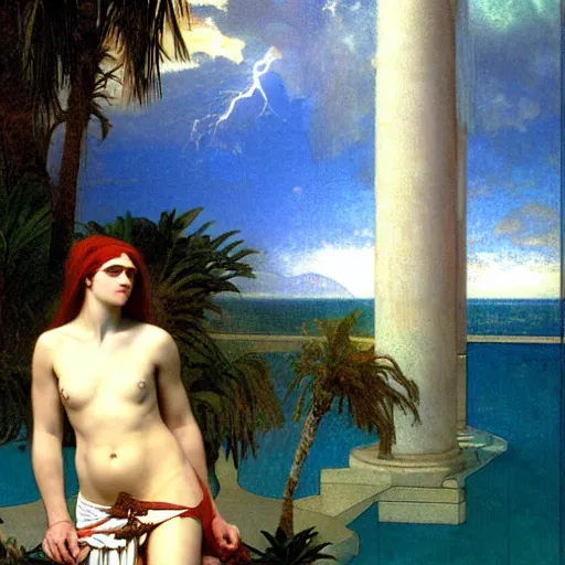 Prompt: Demon girl at the giant column, thunderstorm, greek pool, beach and palm trees on the background major arcana sky, by paul delaroche, alphonse mucha and arnold böcklin arnold böcklin hyperrealistic 8k, very detailed