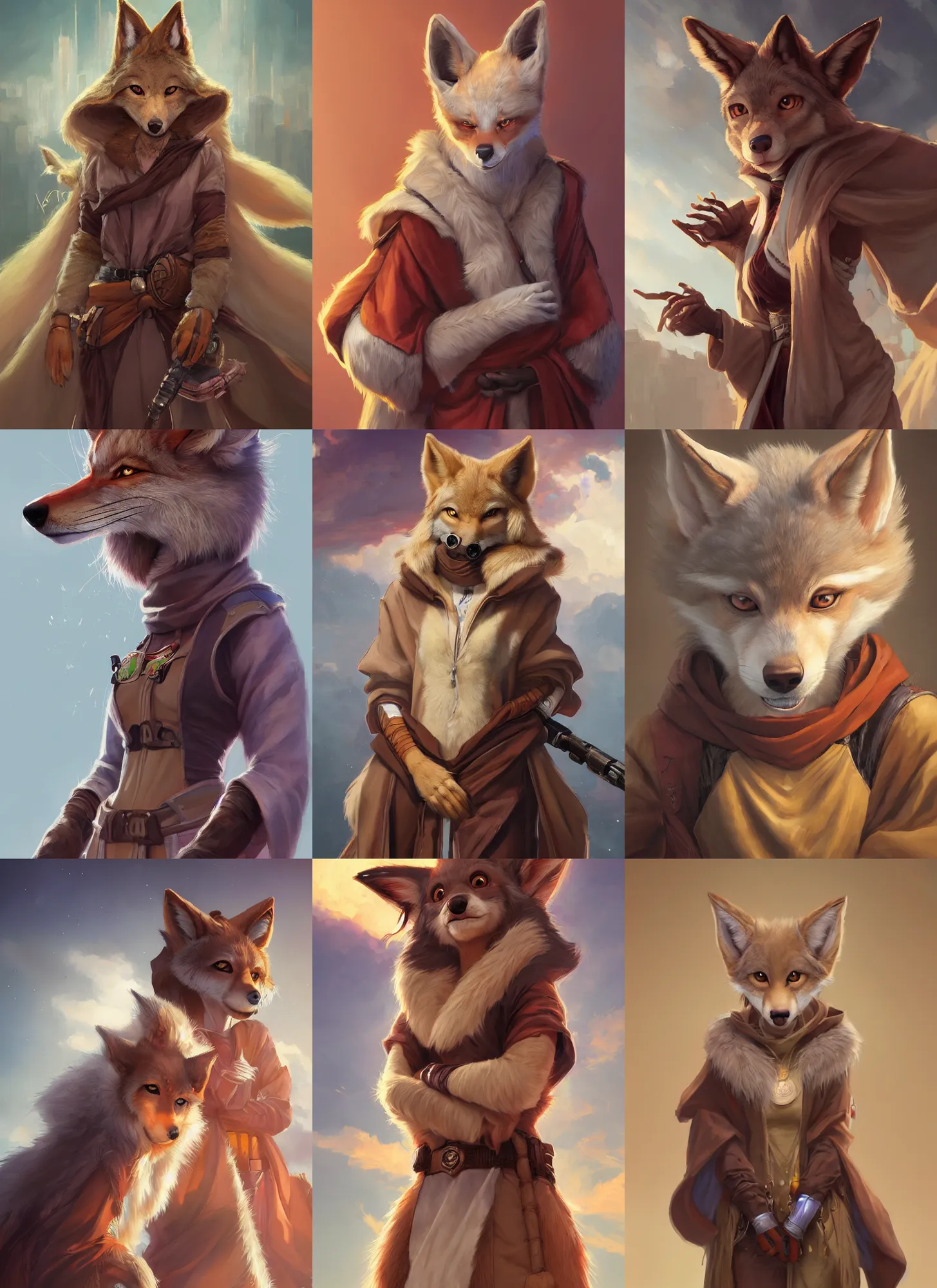 Prompt: beautiful portrait of a female anthropomorphic furry coyote fursona wearing jedi robes, character art by stanley artgerm lau, wlop, rossdraws, james jean, andrei riabovitchev, marc simonetti, and sakimichan, trending on artstation