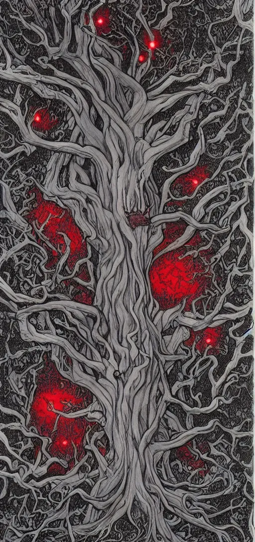 Image similar to a demonic tree with red eyes by rebecca guay, 8 k, drawing